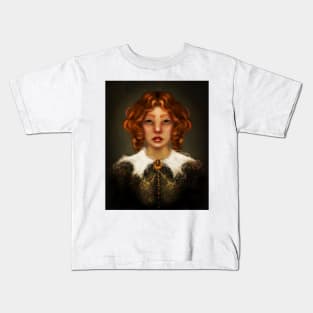 Dark Academia Aesthetic Portrait Manga Girl Victorian Mourning Red Hair and Green Eyes Lowbrow Dark Surrealist Portrait Kids T-Shirt